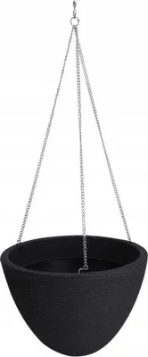 A black hanging planter with a chain is shown against a white background.