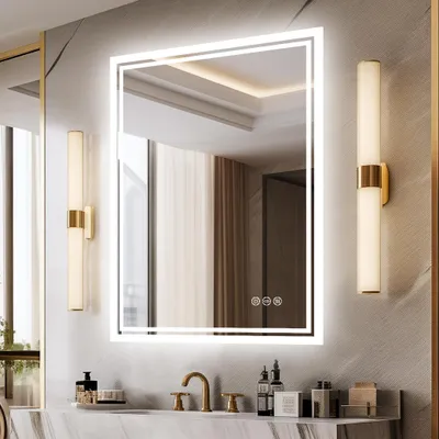 Immagine prodotto di Vrygle Specchio da bagno LED con illuminazione a 3 colori: 90 × 70 cm specchio smart per bagno con interruttore touch, antiappannamento, montaggio ver