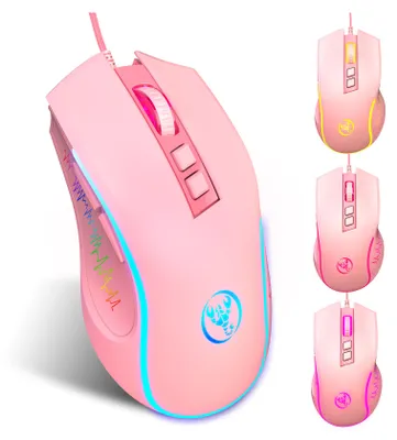 A pink gaming mouse with RGB lighting is displayed against a white background, with smaller inset images showing different lighting colors.