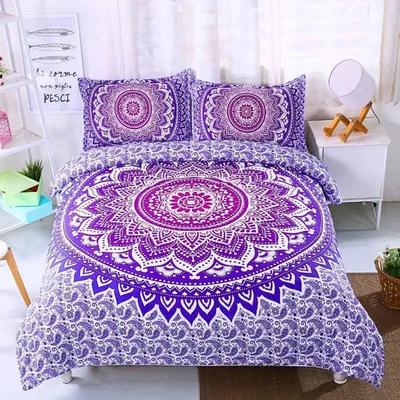 Zdjęcie produktu dla Komplet pościeli, 155x220 cm, biały, fioletowe kwiaty, motyw mandali, mikrofibra, 2-częściowy