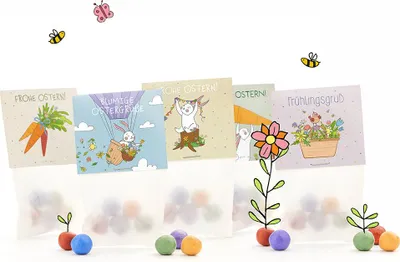 Produktbild von 50 Blumenmurmeln im Tütchen Osterdesign 50 bunte Saatkugeln mit Wildblumensamen