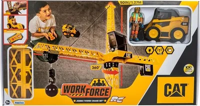 The image shows the packaging of a toy tower crane set, including a child playing with a remote control, a toy crane, a skid steer loader, and a figure.