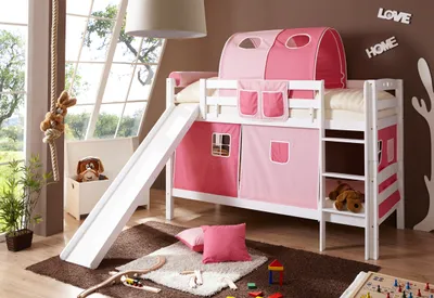 Produktbild von Etagenbett mit Rutsche "Lupo" Buche massiv Weiß (Rosa-Pink 3-teilig)