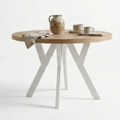 Produktbild von Runder Ausziehbarer Tisch für Esszimmer, PERO, Loft-Stil, Skandinavische, Durchmesser: 80 / 130 cm, Farbe: Eiche Lancelot / Weiß