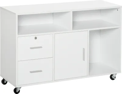 A white mobile filing cabinet with drawers, a door, and open shelves.
