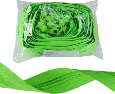 Produktbild von 6m Endlos-Reißverschluss 5mm mit 15 Zippern und Endstücke, Neonfarben Farbwahl, Farbe:neongrün