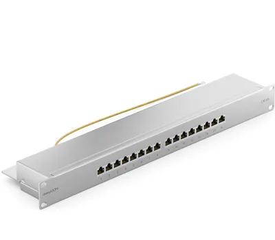 Produktbild von deleyCON CAT 6a Patchpanel Verteilerfeld 16 Port - Desktop 19" Zoll Rackeinbau Servermontage RJ45 Geschirmt - TIA568A TIA568B - Lichtgrau