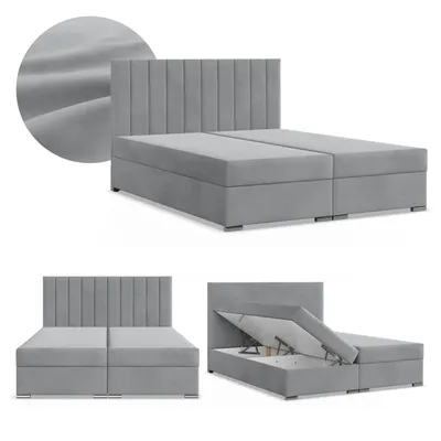 Produktbild von Boxspringbett 140x200 mit 2 Bettkästen Kontinentales Bett Bonell Matratze Polsterbett Doppelbett mit Kopfteil Samtstoff Grau Hellgrau AGEN 140 x 200