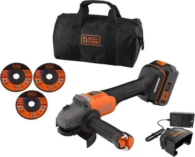 Image de Meuleuse Sans Fil BLACK+DECKER, 18V Brushless, 115mm, Batterie 4Ah, Sac de Transport, BCG6L8F1S-QW