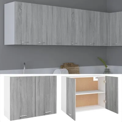 A collage of kitchen cabinets, showing a long wall-mounted cabinet and a smaller two-door cabinet, with one shown open.