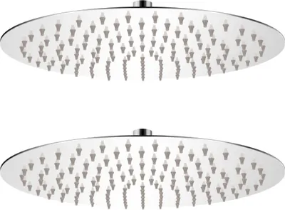 Two identical stainless steel shower heads are shown against a white background.
