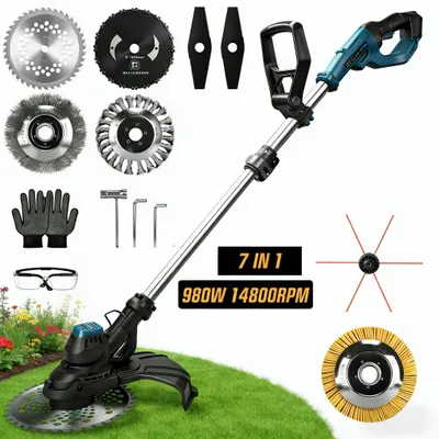 Produktbild von 980W Akku Rasentrimmer 7 IN 1 Bürstenloser 14800 RPM für Makita 18V Motorsenser Freischneider mit 7 Klingentypen, Ø300 mm Max, 100-140cm Einstellbar