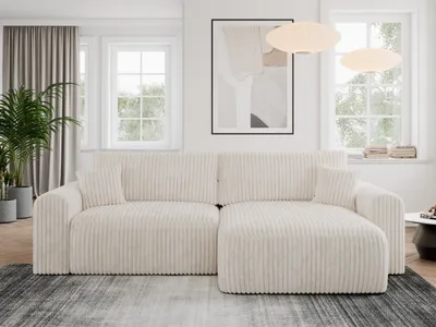 Produktbild von MKS MEBLE Cord Sofa L-Form, Ecksofa mit Schlaffunktion, Wohnlandschaft L-Form mit Kissen, Couch L-Form - Nelson - Beige Cord
