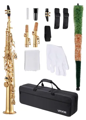 Produktbild von VEVOR Gerade Sopran-Saxophon, B-Flat, Messing-Saxophon Anfänger-Kit mit Tragetasche, Mundstück, Reinigungsstoffstange, Handschuhe, Halsband, 23-Tasten Sopran-Saxophon-Kit, für Anfänger Studenten, Gold, Hochton