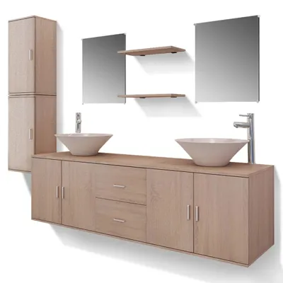 Produktbild von vidaXL 11-tlg. Badmöbel-Set mit Waschbecken und Wasserhahn Beige