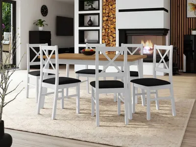 Obrázok produktu pre Rozkladací jedálenský stôl 140 cm so 6 stoličkami ADELBITE 3 - dub grandson / biely / čierny