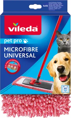 The image shows the packaging of a Vileda Pet Pro Microfibre Universal mop refill, featuring images of a cat and a dog.