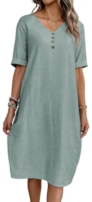 Productafbeelding van Zomerjurk met V-hals - Linnen - Korte mouwen - Midi-jurk - Strandjurk - Casual jurk met zakken - Maten S tot XXL - Damesjurk