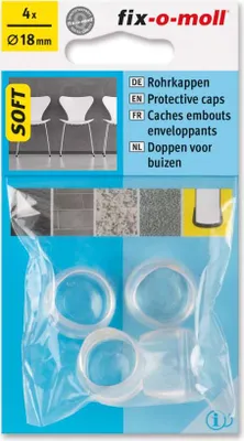 A package of transparent protective caps for tubes or furniture legs, with product information and branding.