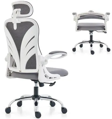 Produktbild von Ergonomischer Bürostuhl mit umklappbarer Rückenlehne, Computerstuhl mit umklappbaren Armlehnen, Mesh-Lendenstütze und 2D-Kopfstütze