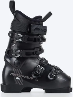 A black ski boot on a white background.