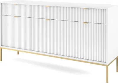 A white sideboard with gold legs and handles, shown from a slight angle against a white background.