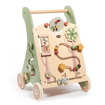 A wooden baby walker with various interactive toys and activities on the front panel, set against a white background.