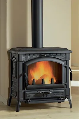A black cast iron wood-burning stove with a fire burning inside, set against a neutral wall and wooden floor.
