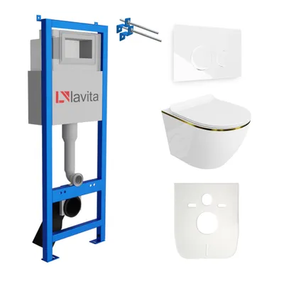 Produktbild von Lavita LAV 101 Vorwandelement für WC 40cm + Wand Hänge Tiefspül WC SOFI SLIM GOLD LINE Spülrandlos + Bedienplatte LAV 200.4.1 Weiß | Komplettset | Unterputz Spülkasten | Toilette Komplett Sett
