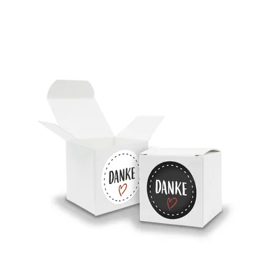 Produktbild von SET DANKE (Motiv22) 24x Faltschachtel Würfel 5cm weiß + Sticker