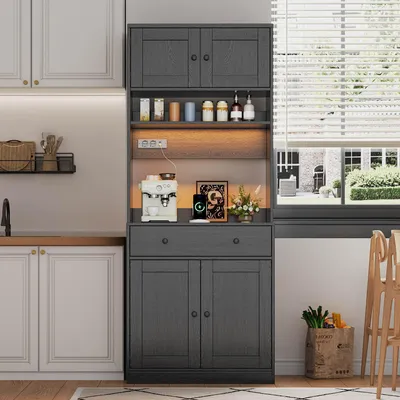 Image de Armoire de cuisine Merax avec éclairage LED, meuble haut avec prise électrique, étagère de cuisine avec espace pour épices, armoire de rangement avec grand tiroir, bar à café, couleur noire