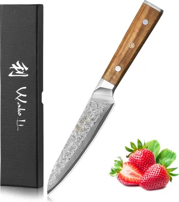 Produktbild von Wakoli Oribu Damast Allzweckmesser Küchenmesser Full Tang mit 12 cm Klinge aus 67 Lagen Damaststahl I Olivenholzgriff