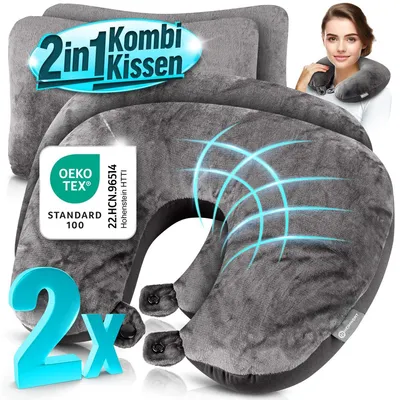 Produktbild von Heimwert Reisekissen - 2in1 Memory Foam Nackenkissen Stützkissen,Nackenhörnchen, 31x21 cm - Travel Pillow für Flugzeug, Camping, Reise - Ergonomisches Kopfkissen 2 Stk