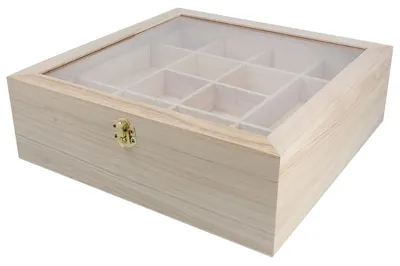 Holzkiste mit Vitrine 32x32x10 cm, 29 Fächer, Naturholz