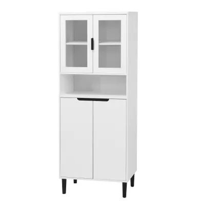 Produktbild von Hohes Bücherregal mit Tür aus gehärtetem Glas und verstellbarer Platte, 4 Türen, lackiertes MDF-Schrank, Weiß, Aufbewahrung für Wohnzimmer und Schlafz
