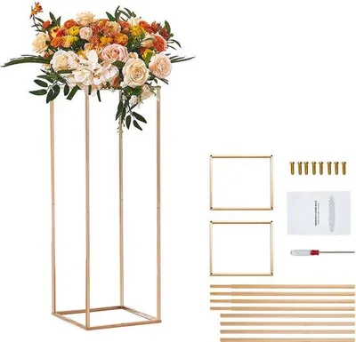 Immagine prodotto di Due supporti floreali lucidi da 31,5 pollici per matrimoni, vasi metallici, colonne, elementi decorativi geometrici, composizioni floreali rettangolari dorate per eventi, ricevimenti e decorazioni festive