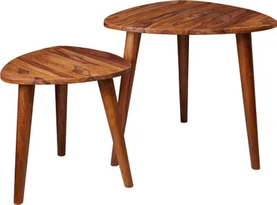 Satztisch Set WL5.574 Sheesham Massivholz, Gesamtansicht zweier ovaler Beistelltische mit Holzbeinen in warmer Holzfarbe.