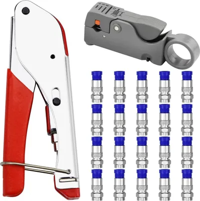 Image de Pince de compression, outil de dénudage RG59/RG6 avec 20 pièces de compression F-connecteurs pour câble SAT, câble coaxial