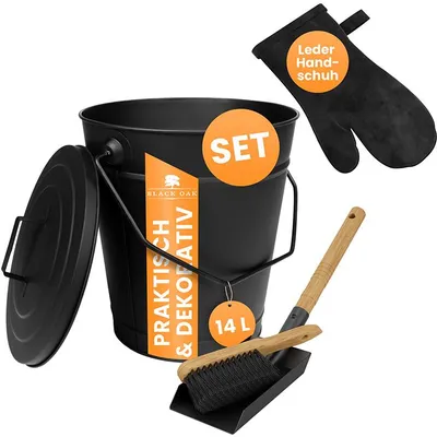 Produktbild von BLACK OAK ETNA Ascheeimer Set 14L Schwarz mit Deckel, Schaufel, Besen & Lederhandschuh, Ø29xH34cm