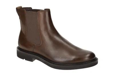 A single brown Chelsea boot is shown against a white background.