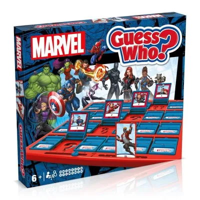 The image shows the box of the Marvel Guess Who? board game, featuring various Marvel superheroes.