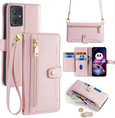 Produktbild von Handykette Motorola Hülle mit Band Handyhülle Kartenfächer Leder Umhängetasche Moto G54 Rosa