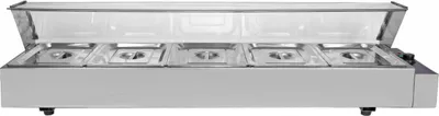 Produktbild von Kukoo Gastro Edelstahl 5 GN Einsätze - Bain Marie Wasserbad Speisenwärmer Buffetwärmer Wärmer 146,7cm x 35cm x 35,7cm Catering Service 5 Behälter Edelstahl Chaving Dish