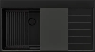 Produktbild von PRIMAGRAN Spülbecken Alles Schwarz 90x50cm, Granitspüle 1 Becken + Ablauf-Set + Küchenzubehörset, Küchenspüle ab 60er Unterschrank - Sydney