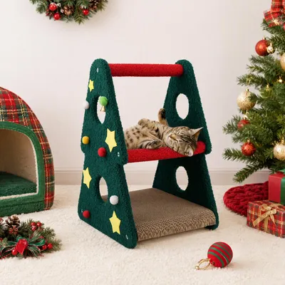 Produktbild von Kratzbaum Weihnachtsturm 56 cm mit 2 Ebenen – Katzenbaum mit Glöckchen & Plüschtier, Kratzstamm Weihnachtsdeko für Wohnungskatzen