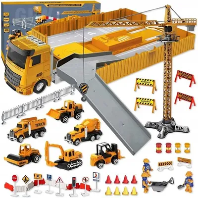 Produktbild von Baufahrzeuge Set für Kinder mit LKW Transporter 6 Fahrzeugen Zubehör Baustelle Spielzeug ab 3 Jahren