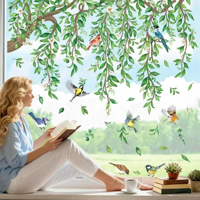 Produktbild von Fensterbilder Baum Ast Grün Blätter Vögel 9 Blätter PVC 90x77cm Frühling Deko