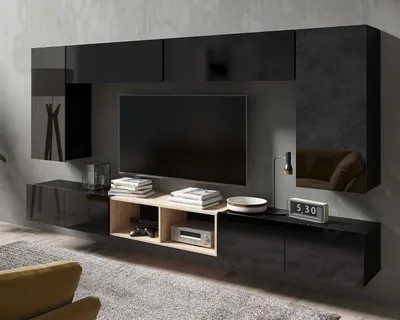 Produktbild von Wohnwand Amanda XII Komplette Möbelwand Breite 300cm Anbauwand Wohnzimmer-Set Hängewohnwand (Schwarz matt + Schwarz Hochglanz Fronten / Artisan Eiche)