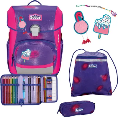 A collection of school supplies including a backpack, pencil case, and drawstring bag, all with a purple and pink flamingo and ice cream theme.
