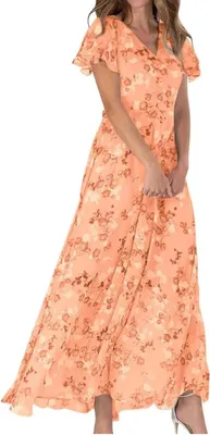 Produktbild von ASKSA Damen Sommerkleid Blumendruck Lang Ruesche Kurzarm V Ausschnitt Strandkleider Boho Beach Midikleid Freizeitkleid (Orange,XXL)